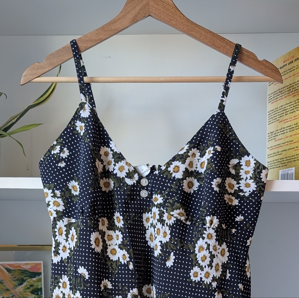 Y2K Women's Mini Slip Dress Floral Daisy Navy Blue White Polka Dot Size Large - Picture 2 of 10